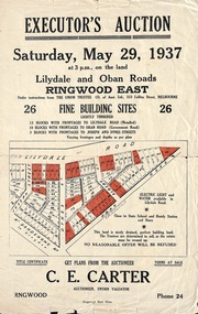 Flyer, Executor's Auction Subdivision Advertisement, Lilydale Road and Oban Road, Ringwood East, Vic. - 1937
