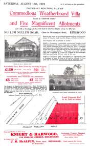 Flyer, Advertisement for Mullum Mullum Road, Ringwood, Vic., Sale of "Bonnie View" Villa and five allotments. - 1923