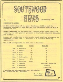 Document - Newsletters, Southwood News, 1988 - Southwood Primary School newsletter from 1988