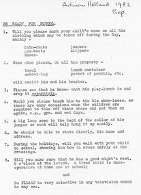 Document - Handout, 'Be Ready for School' - Instructions for Prep studenst at Southwood Primary School, 1982