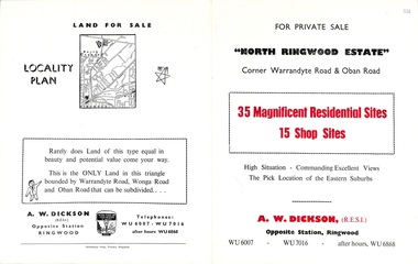 Flyer, Land Sale Brochure, North Ringwood Estate, Ringwood, Vic. - 1958