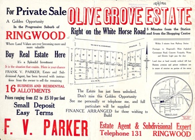 Flyer, Land Sale Advertisement, Olive Grove Estate, Ringwood, Vic. - 1926