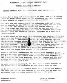 Document - Handout, Southwood Primary School Mothers' Club Annual President's Report, 1984