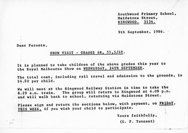 Document - Handout, Southwood Primary School  information sheet about visiting the Royal Melbourne Show on Wed, 24th Sept, 1986