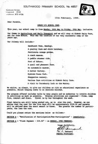 Document - Handout, Southwood Primary School, Grade 5/6 School Camp Information (15th Feb, 1988)