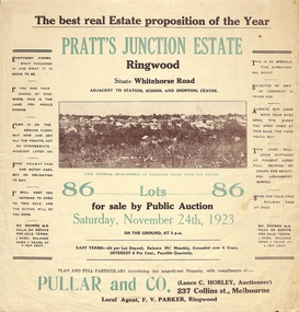 Flyer, Brochure for Land Sale By Public Auction, Pratt's Junction Estate, Ringwood, Victoria - 1923