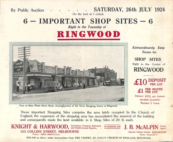 Flyer, Shop Sites Sale By Public Auction, Ringwood, Victoria - 1924