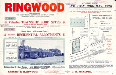 Flyer, Township Shop Sites and Residential Allotments Sale By Public Auction, Ringwood, Victoria - 1926