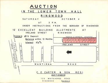Flyer, Building Allotments Auction Notice - Ireland Street, Ringwood, Victoria - circa 1960