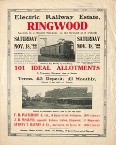 Flyer, Land Sale Auction Brochure, Electric Railway Estate, Ringwood, Vic. - 1922