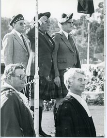 Photograph, Ringwood Highland Games -1998. Robin Gardini, Sir Rupert Hamer (accepting salute), Sir Billy Snedden