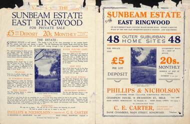 Flyer, Land Sale Advertisement - Sunbeam Estate, East Ringwood, Victoria - circa 1930
