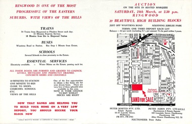 Flyer, Land Auction Advertisement adjoining Jubilee Park, Ringwood, Victoria - 1956
