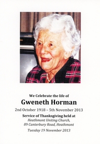 Document, Memorials of Gweneth Horman 1918-2013 Ringwood East
