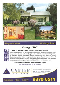 Memorabilia - Booklet, Real Estate history of "Cherry Hill", 19 Wonga Road, Ringwood North, with property titles and subdivision plans of the 35 acres in the triangle bounded by Oban, Wonga and Warrandyte Roads