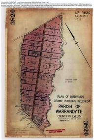 Document, Titles of land subdivision, Crown Portions 32, 33 & 34, Parish of Warrandyte, 1884 and 1907, Ringwood, Victoria