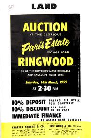 Flyer, Land Auction Advertisement, Paris Estate, Ringwood, Vic. - 1959