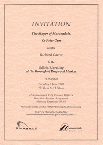 Souvenir - Mayoral Invitations, Unveiling of Borough of Ringwood Marker, 2007