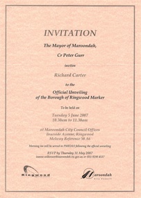 Souvenir - Mayoral Invitations, Unveiling of Borough of Ringwood Marker, 2007