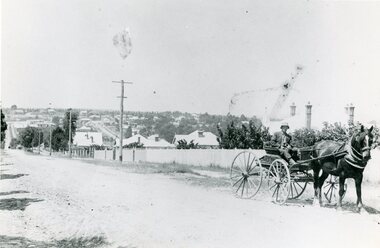 Photograph, Mr Clarence Hams in horse drawn carriage- Warrandyte Road, Ringwood. c1918