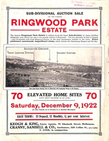 Flyer, Sub-divisional auction sale advertisement - Ringwood Park Estate, Ringwood, Vic. - 1922