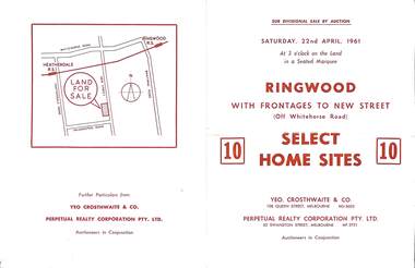 Flyer, Auction sale brochure advertising home sites with frontages to New Street, Ringwood, Victoria - 1961