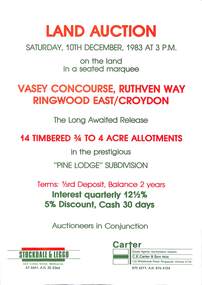 Flyer, Advertisement for land auction - Pine Lodge Subdivision, Ringwood East / Croydon, Victoria - 1983