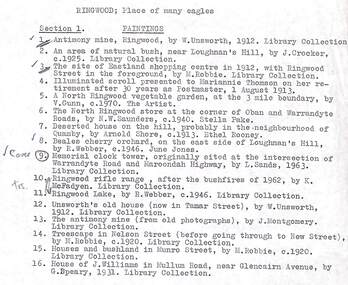 Document, Details of ten paintings handed over to Ringwood Council in 1973 by the Ringwood Historical Research Group