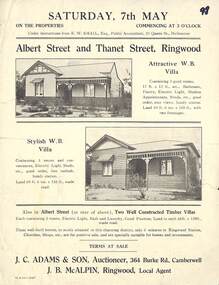 Flyer, Auction Sale Brochure - Adjoining Weatherboard Villas, Albert Street and Thanet Street, Ringwood - circa 1921