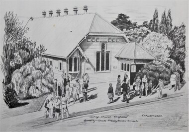 Work on paper - Pencil sketches, Two views of the Uniting Church Ringwood formerly Scots Presbyterian Church  Ringwood  c1960s