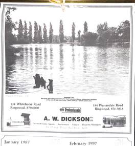 Souvenir, Complimentary A.W.Dickson Real Estate Agents calendars - 1987 and 1988.1987 calendar with photographic images of local Ringwood features and 1988 calendar featuring local Ringwood land sale promotional images from early 20th Century
