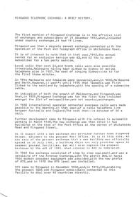 Document - Ringwood Telephone Exchange: A Brief History, 1913 Ringwood Telephone Directory