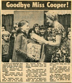 Memorabilia - Newspaper clippings, Miss E.V. (Vida) Cooper retirement - Teaching career included Mitcham and East Ringwood Primary Schools, Victoria