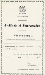 Document, Ringwood State School - Certificate of Incorporation, Ringwood Primary School Co-operative Limited, 1973