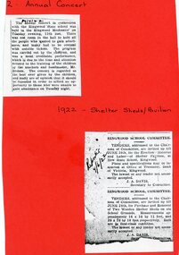 Newspaper - Newspaper cuttings, Ringwood State School- Annual Concert, 1922. Shelter Sheds and Pavilion, 1922