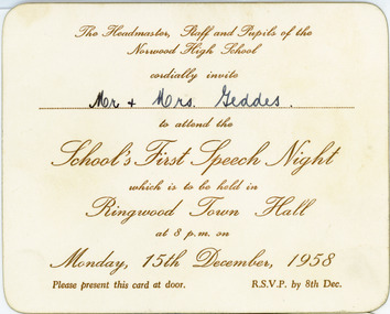 Card - Invitation, School's First Speech Night - Norwood High School, Ringwood, Victoria, 1958