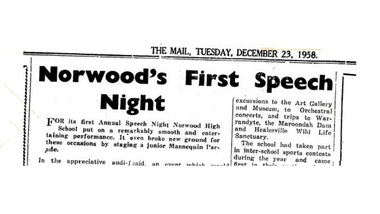 Newspaper - Clippings, Ringwood Mail, First Speech Night - Norwood High School, Ringwood, Victoria, 1958