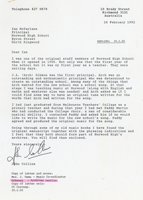 Letter - Attachments, Original Manuscript for Norwood High School Song, Ringwood, Victoria, 1958