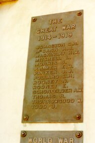 Photograph, 4 plaques on the Ringwood Memorial Clocktower, Wantirna Road, Ringwood, Victoria