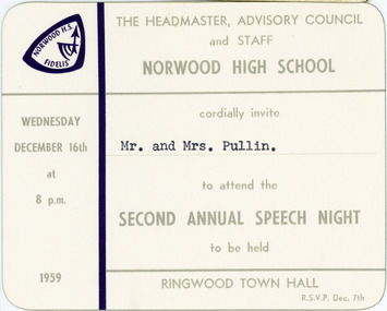 Card - Invitation, School's Second Annual Speech Night - Norwood High School, Ringwood, Victoria, 1959
