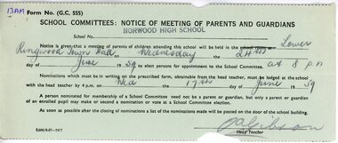 Document - Letter, Notice of Meeting of Parents and Guardians - Norwood High School, Ringwood, Victoria, 1959