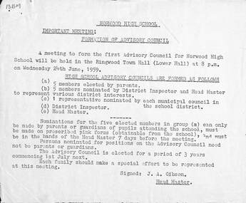 Document - Letter, Formation of Advisory Council - Norwood High School, Ringwood, Victoria, 1959