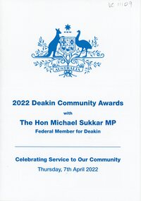 Programme, 2022 Deakin Community Awards with RDHS nominees, Ringwood, April 2022
