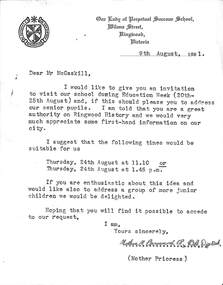 Letter - Our Lady of Perpetual Succour School, Ringwood, Victoria, Guest speaker invitation to Mr. J. McCaskill on History of Ringwood , draft of acceptance response, and students' thank-you letter - 1961