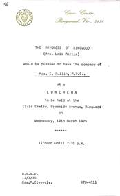 Memorabilia - City of Ringwood, Victoria, Collection of Mayoral function invitations to Mrs. E. Pullin, 7 items 1975 to 1993