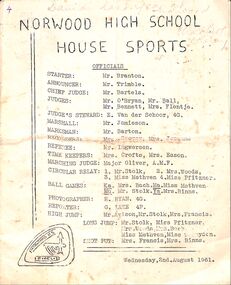 Document - Report, House Sports Events and Results, Norwood High School, Ringwood, Victoria. - 2nd August, 1961