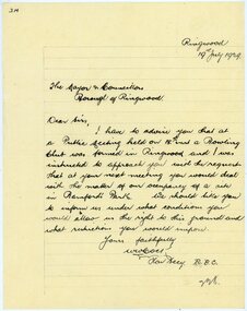 Letter, Citing Ringwood Bowling Club's formation and requesting Council for occupancy of Bamford's Park