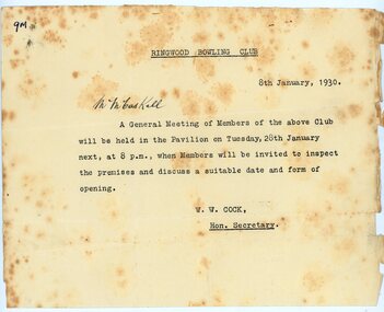 Letter, Inviting Mr McCaskill to Ringwood Bowling Club's meeting to inspect the premises and discuss opening date