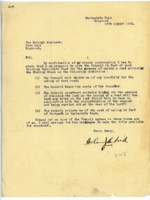 Letter, To Borough Engineer from Arthur Blood confirming gift of land adjoining Bowling Green for road-making purposes