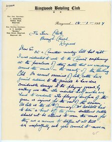 Letter, To Borough of Ringwood's Town Clerk from Ringwood Bowling Club re stray cattle